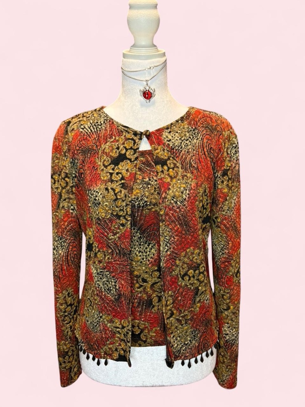 Red and Gold Paisley Print Cardigan Set